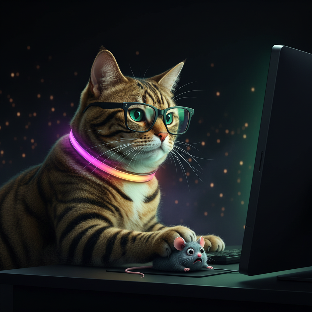 Bacchus the golden tabby surveys 5.7 million UK small businesses from a dark console, while Berger the mouse endures his role as a computer peripheral