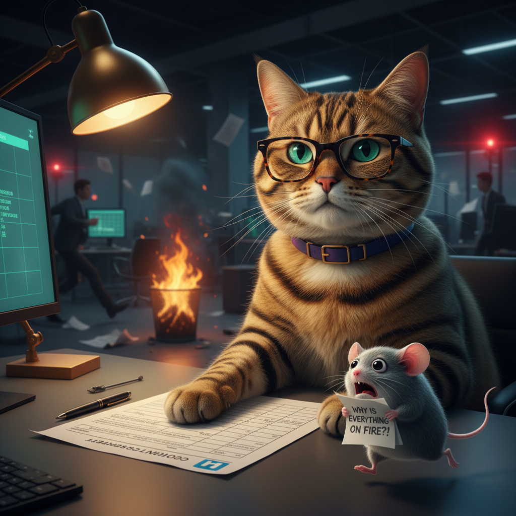 Bacchus reviews his LinkedIn strategy at a calm desk while Berger sprints through a burning office in the background