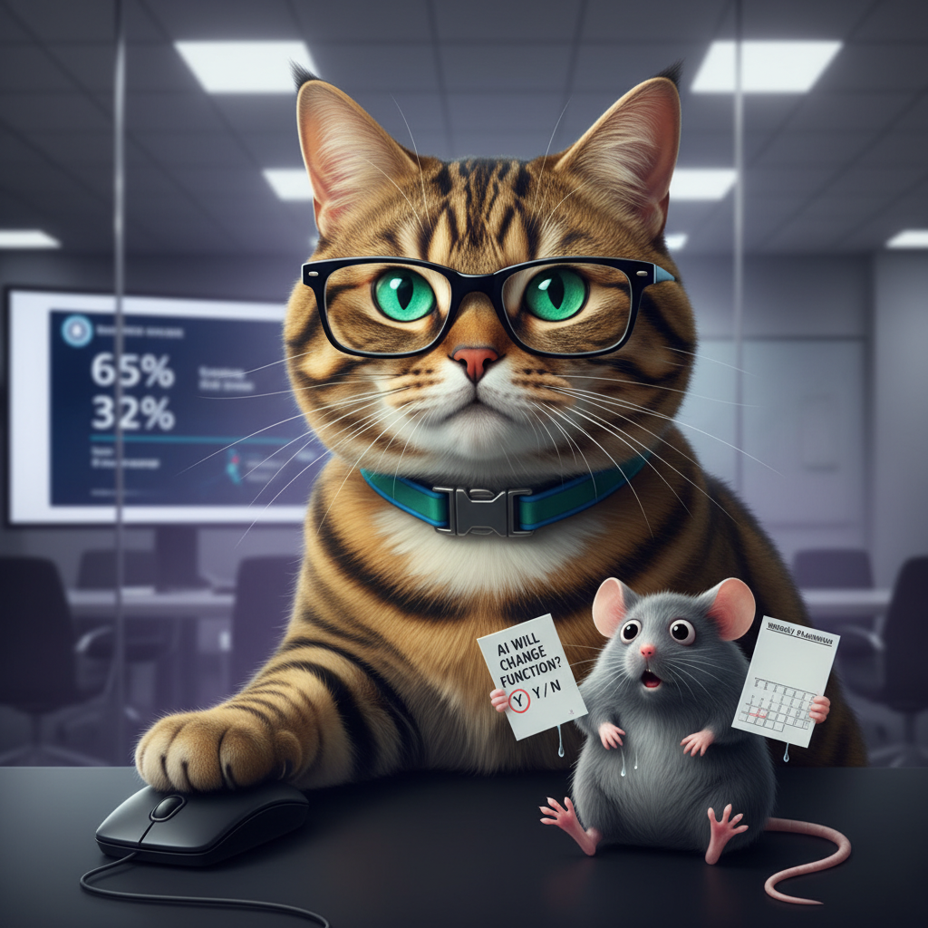 Bacchus reviews the AI preparation dashboard. Berger holds a survey confirming AI disruption is coming, and a blank planning calendar.