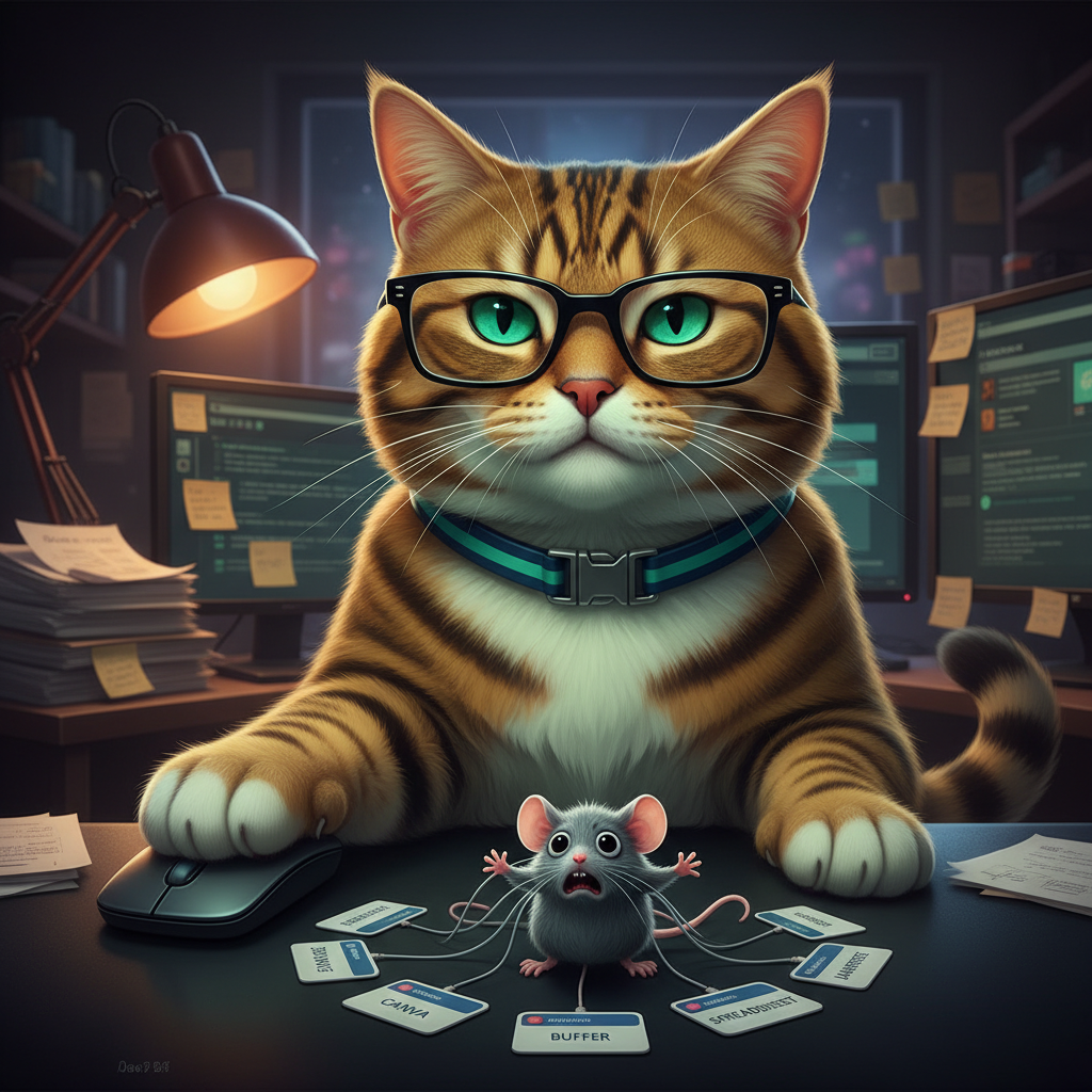 Bacchus the tabby cat operates a unified marketing pipeline. Berger the mouse is tangled in cables connecting five separate marketing tool tabs.